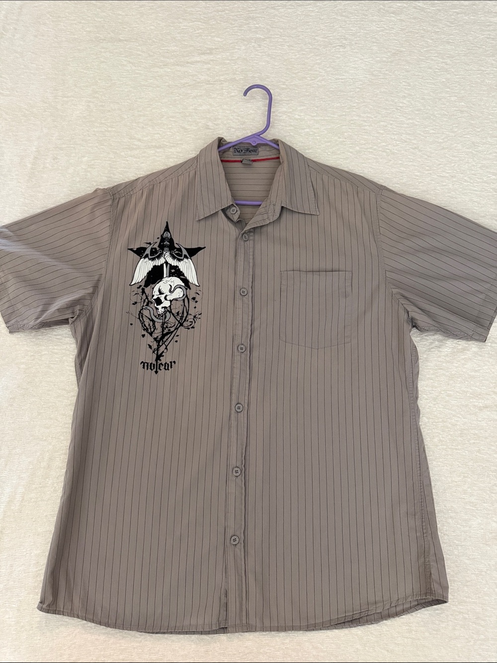 Y2K No Fear Men's Button-Down Shirt in Gray with Pin stripes graphic Chest Print